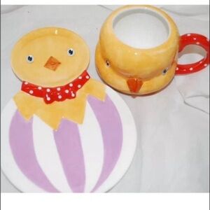 Department 56 Easter Chick Design Party Mug and Plate Set Yellow and Purple New